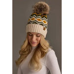 CREAM, OLIVE & MUSTARD PATTERNED POM HAT