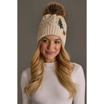 BEIGE CABLE KNIT POM HAT WITH EMBROIDERED TREE