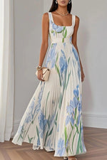 FLORAL PLEATED VACATION DRESS BLUE