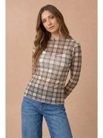 FALL RUCHED PLAID MOCK NECK MESH TOP
