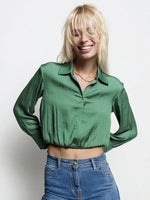 CROPPED BUTTON DOWN BLOUSE WITH ELASTIC HEM