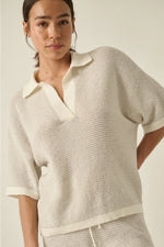 STRIPED RIB KNIT COLLARED SPLIT NECK TOP
