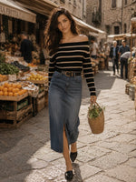 FALL STRIPED OFF SHOULDER FOLD OVER SWEATER
