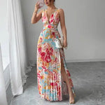 FLORAL PRINT V-NECK SLIT PLEATED MAXI DRESS