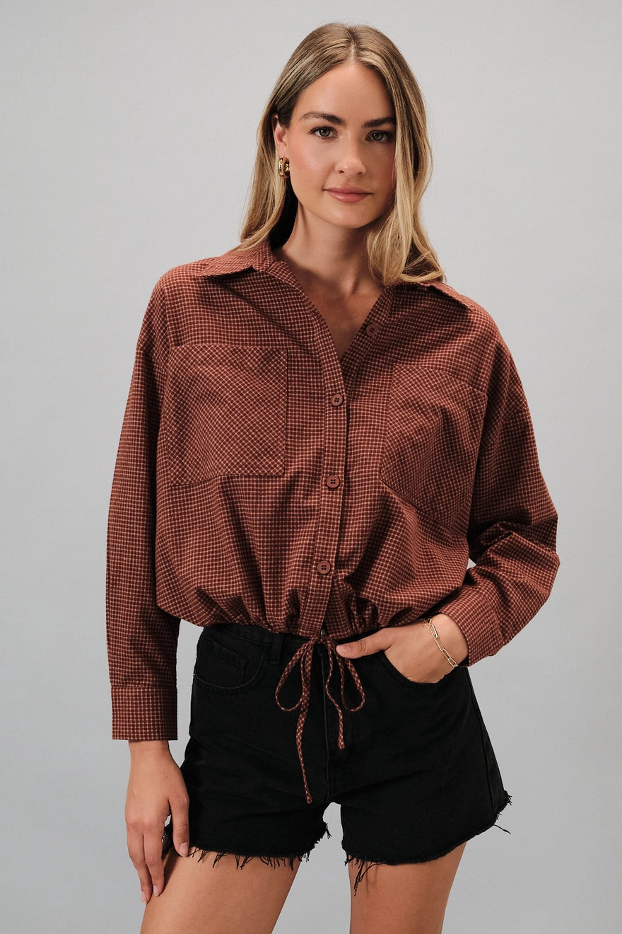 BUTTON DOWN PLAID SHIRT WITH DRAW STRING