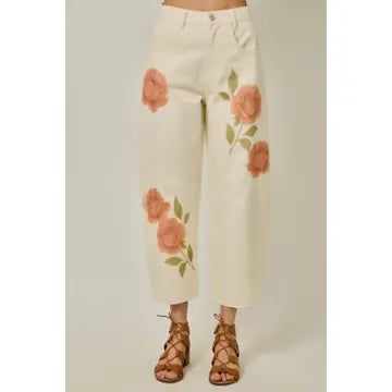 FLORAL PRINTED DENIM BARREL JEANS