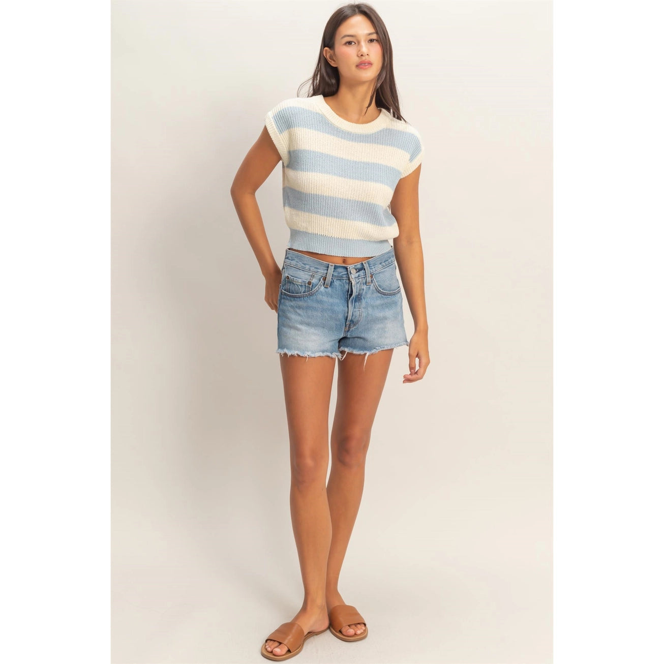 STRIPED RIBBED KNIT TOP ICE BLUE