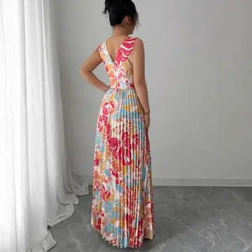 FLORAL PRINT V-NECK SLIT PLEATED MAXI DRESS