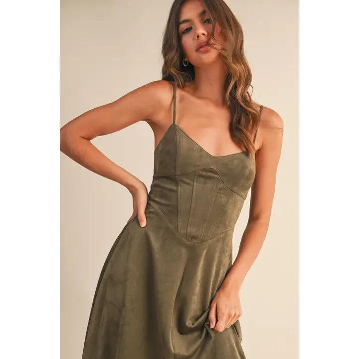 SUEDE BUSTIER CORSET FLARE MIDI DRESS