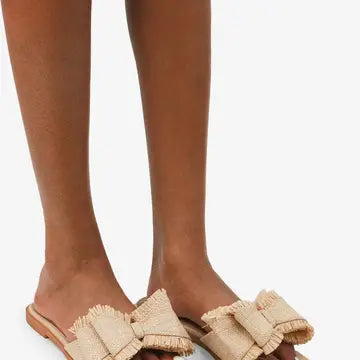 RAFFIA BOW SANDALS BEACH SLIDE SUMMER FLAT