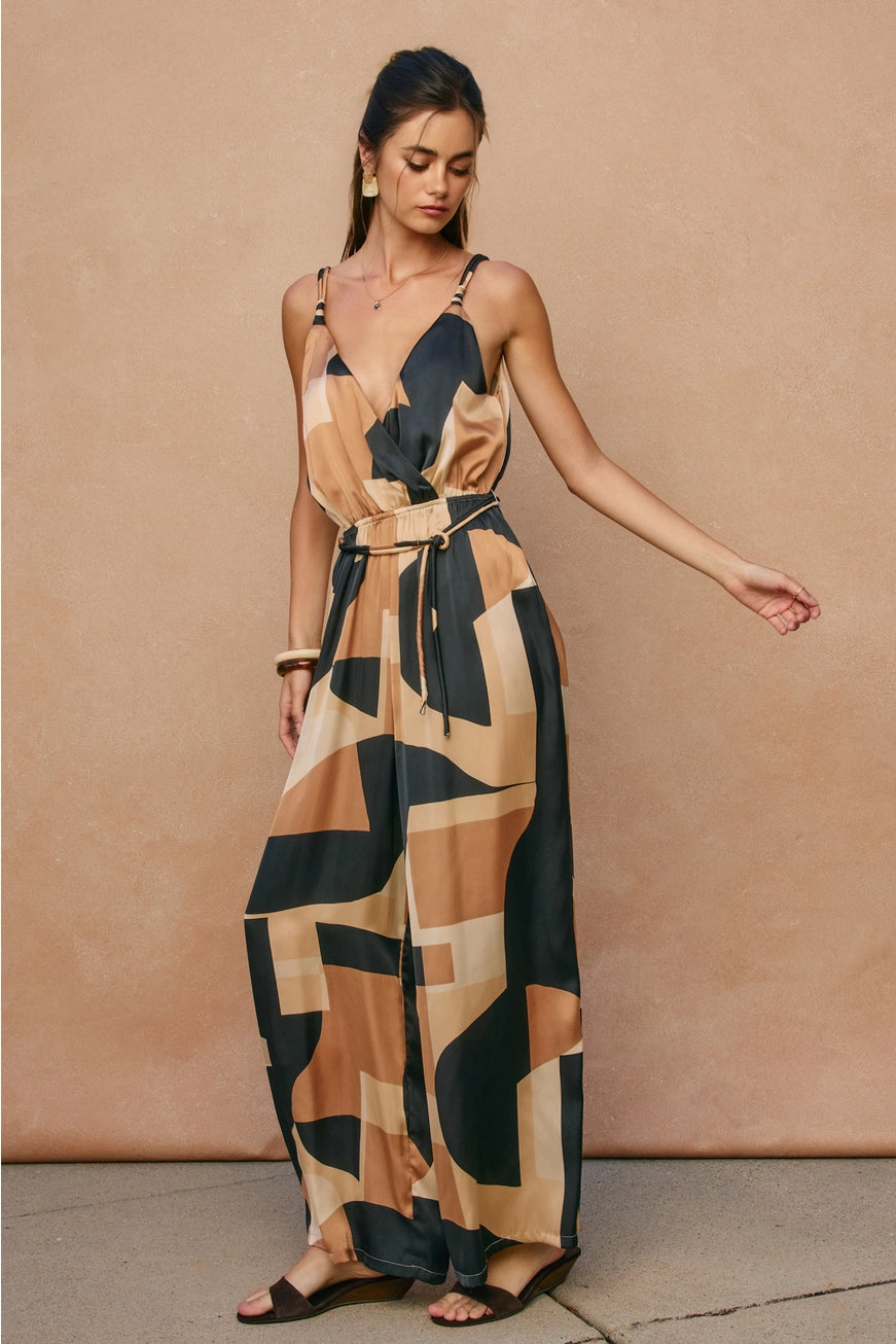FIRST CLASS CORD STRAP SURPLICE JUMPSUIT MIDNIGHT TAUPE