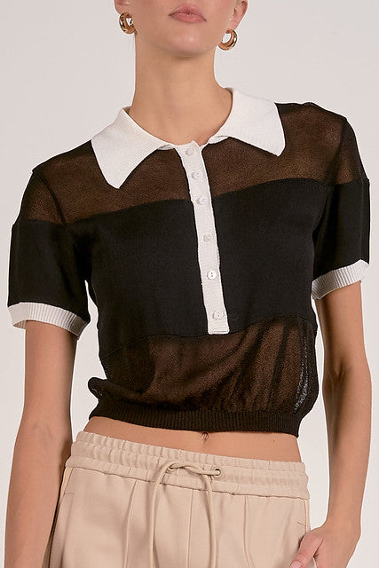 BUTTON DOWN BLACK TOP WITH WHITE COLLAR