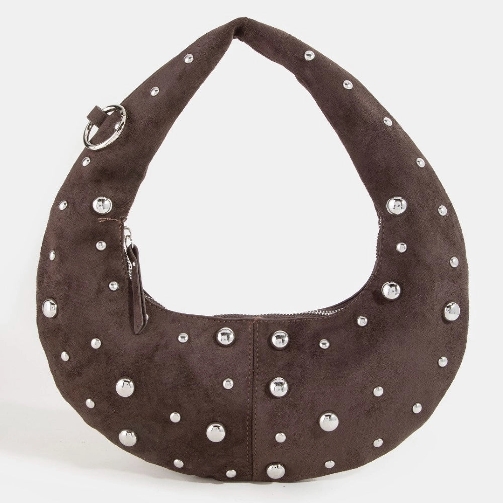 DOME STUDDED CHROME CRESCENT HAND BAG