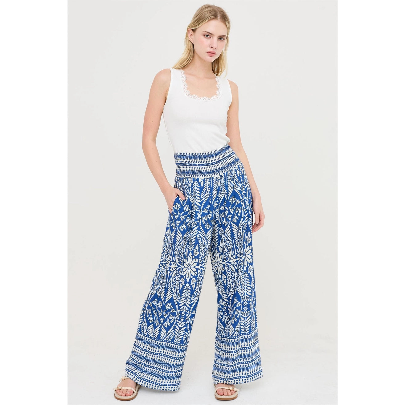 SMOCKED WAIST FLORAL PANTS