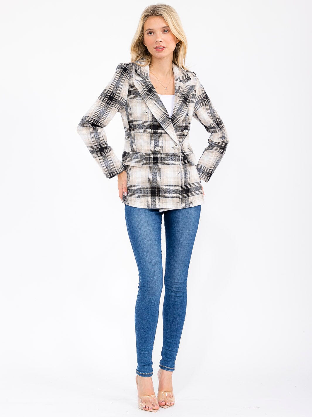 PLAID BUTTON FRONT BLAZER