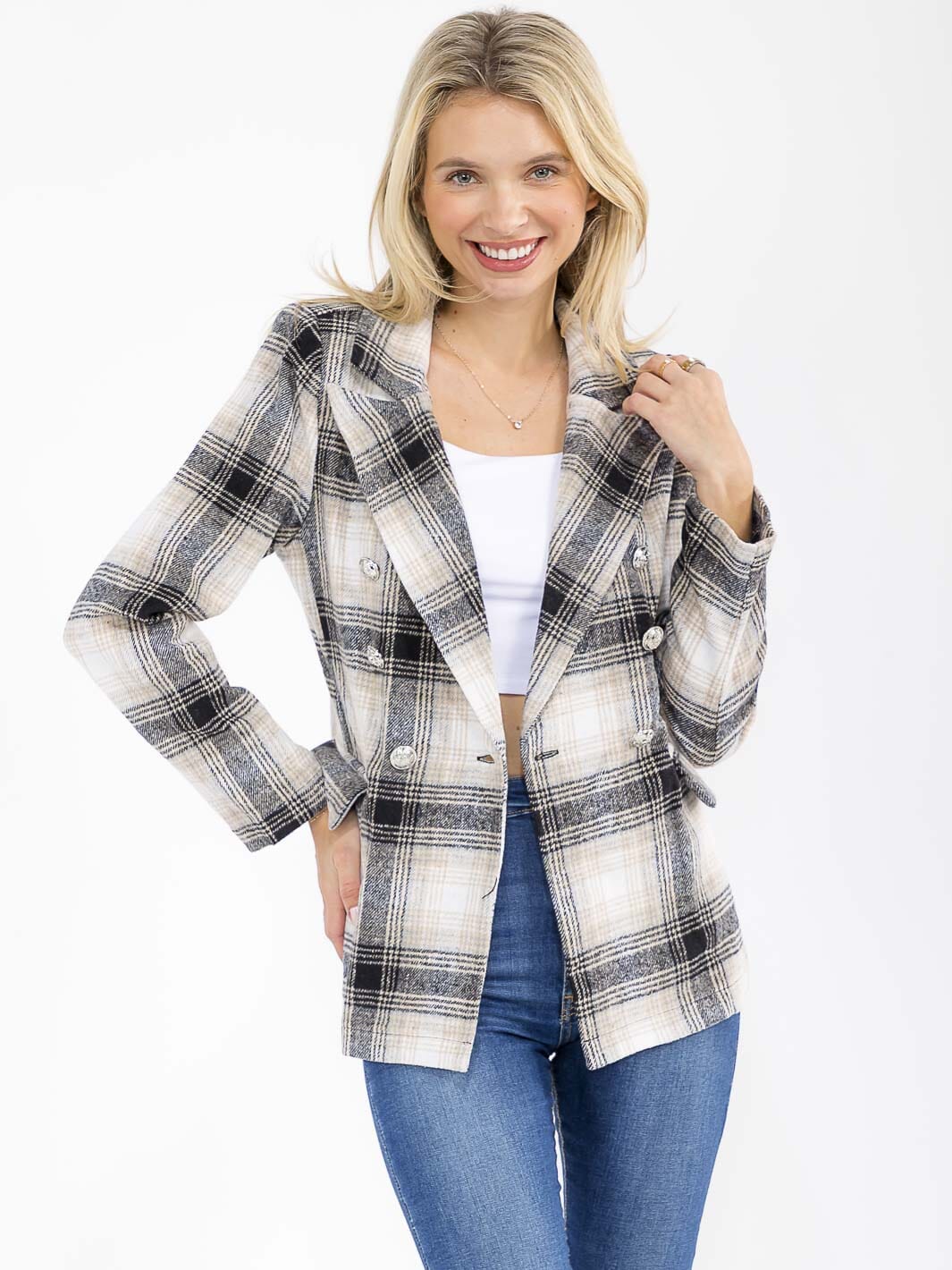 PLAID BUTTON FRONT BLAZER