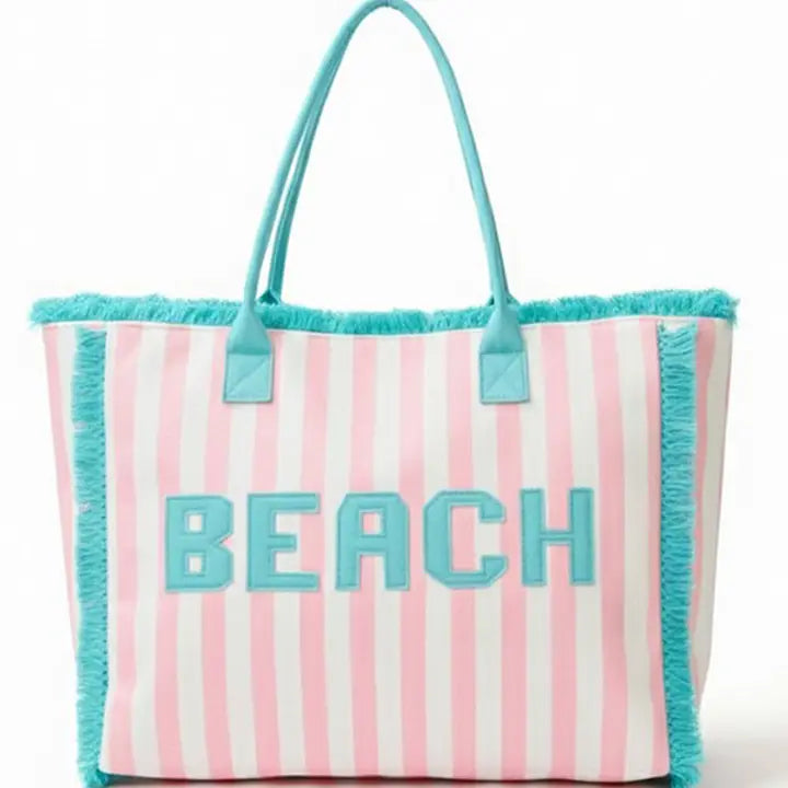 EMBROIDERED BEACH LETTER TERRY CLOTH FRAYED STRIPED TOTE BAG