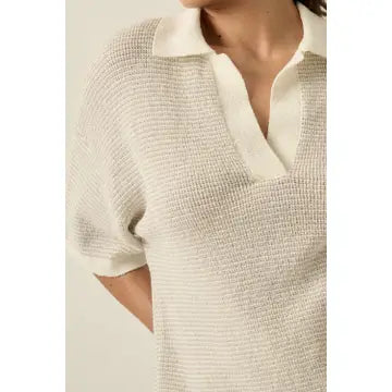 STRIPED RIB KNIT COLLARED SPLIT NECK TOP