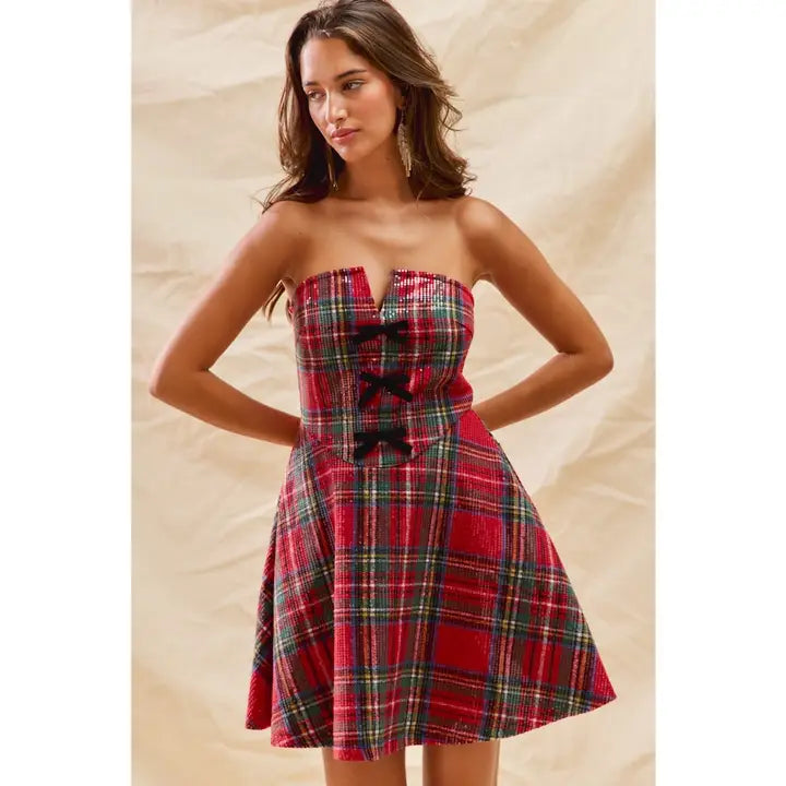 CHRISTMAS CLEAR SEQUIN HOLIDAY PLAID DRESS