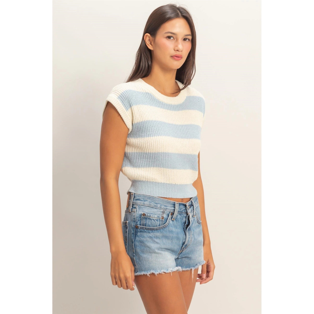 STRIPED RIBBED KNIT TOP ICE BLUE