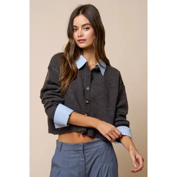 STRIPE TRIM BUTTON DOWN SWEATER CARDIGAN